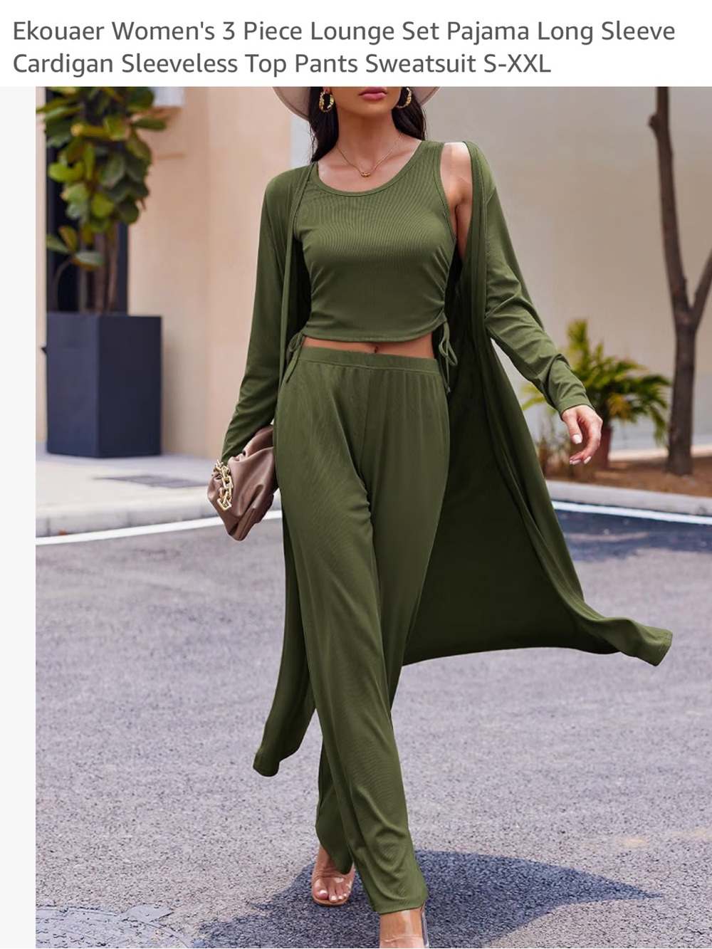 Olive Green Ribbed 3-Piece Women’s Lounge Set